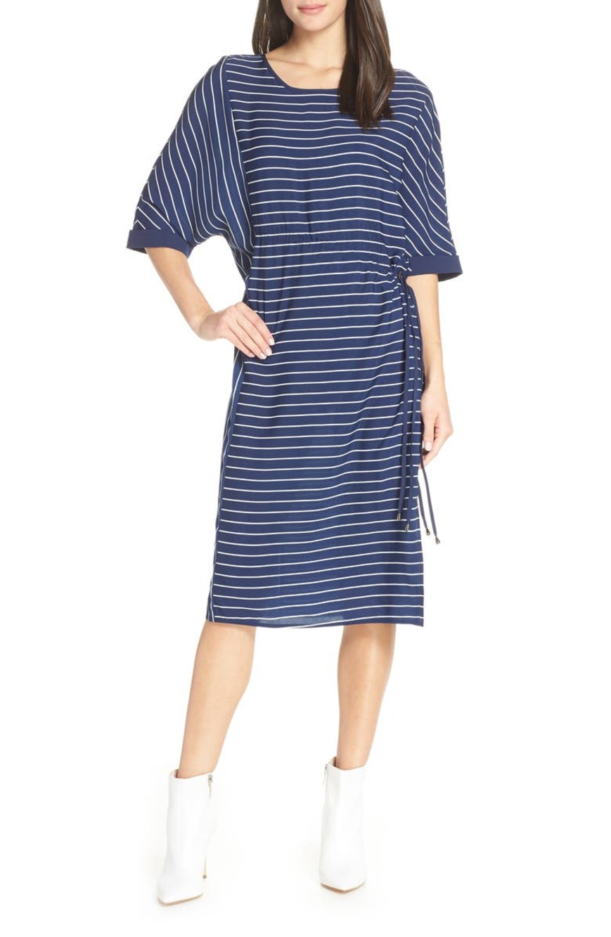 CAARA Lorna Stripe Adjustable Waist Midi Dress Stripe Blue Large New